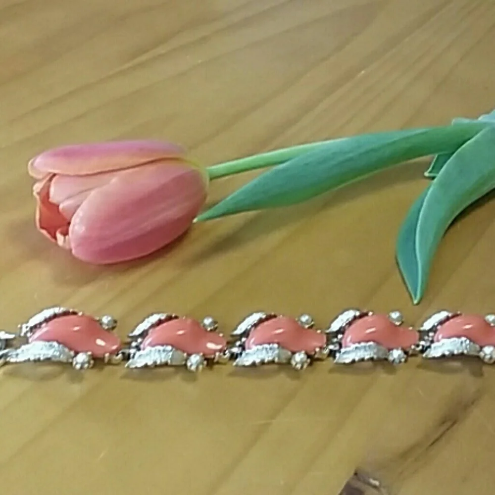 Vintage Unique Bracelet Coral Resin Stones With Pearl And Silver Accents